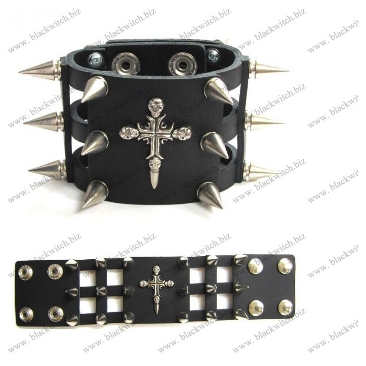 Leather bracelet with cross and spikes 6cm