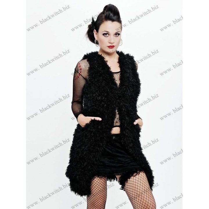 Long fuzzy black sleeveless jacket