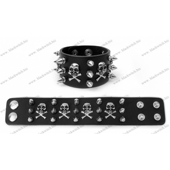 Leather bracelet  with skulls and spikes