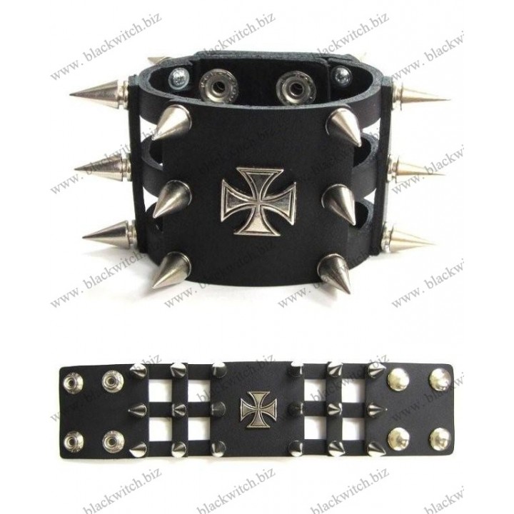 Leather bracelet with cross and spikes 6cm