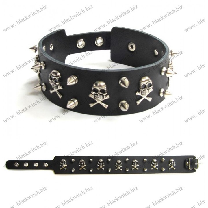 Leather collar skull and spike